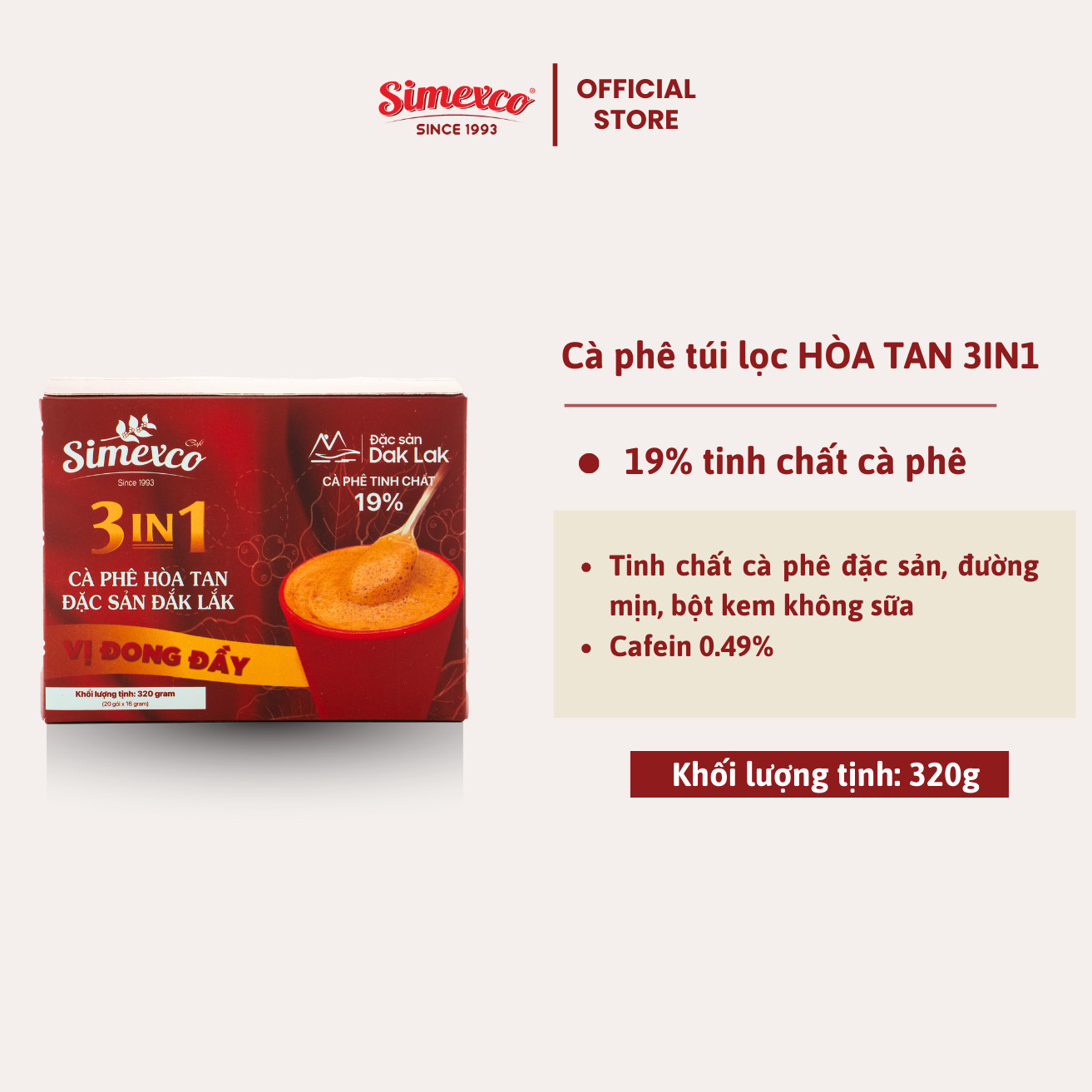Cà phê hòa tan Simexco 3in1 Cà phê sữa (20 gói x 16g)