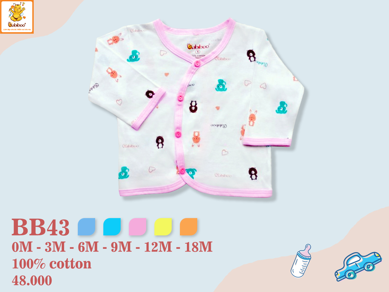Sơ sinh -áo cổ tim tay dài in hình babiboo bb43