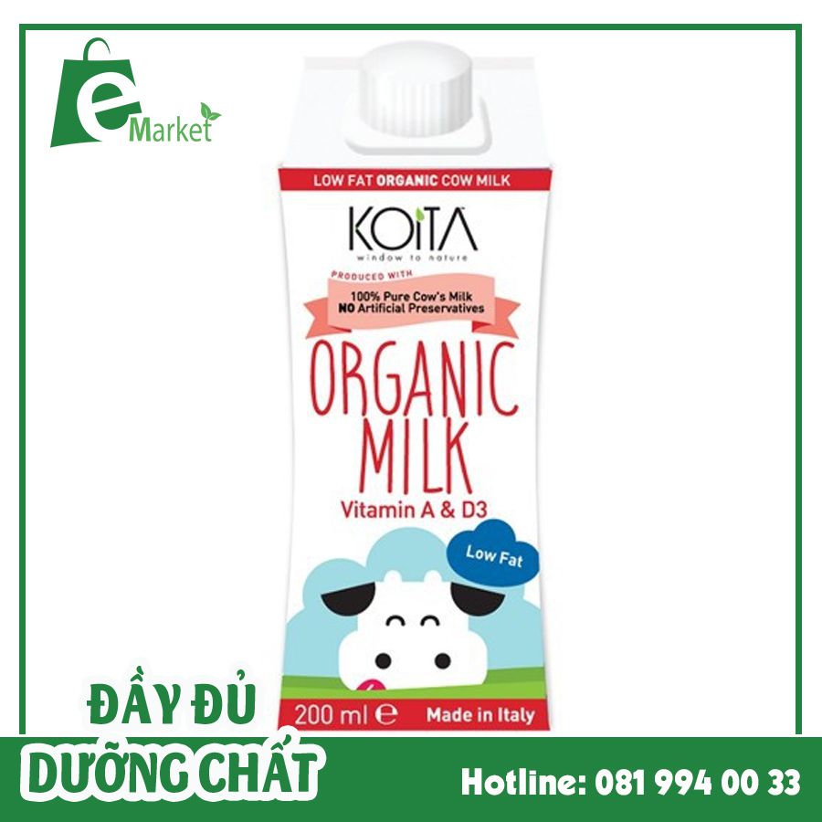 Sữa bò hữu cơ vị dâu ít béo Koita (200ml)