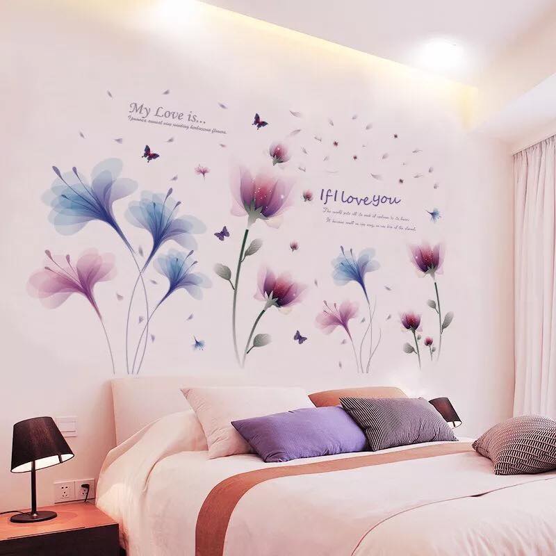 Decal dán tường Hoa pha lê tím xanh