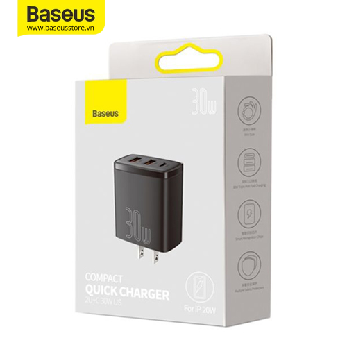 Củ sạc nhanh siêu nhỏ gọn Baseus Compact Quick Charger 30W(USB dual port +Type C,30w PD/QC3.0 Multi Quick Charge Support)