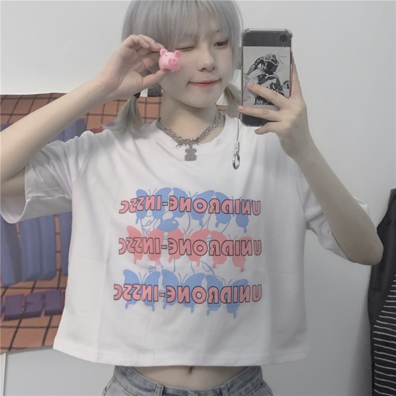 [HÀNG HOT]  Áo Thun Croptop Form Rộng In Hình Bướm Cá Tính Kiểu Hàn Quốc TTT0019