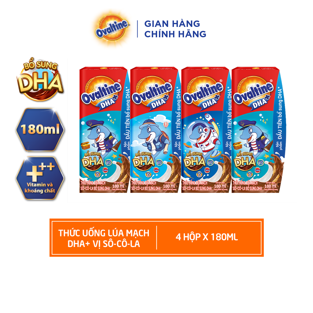Thức uống lúa mạch hương vị sô-cô-la Ovaltine DHA+ (180ml x 4)