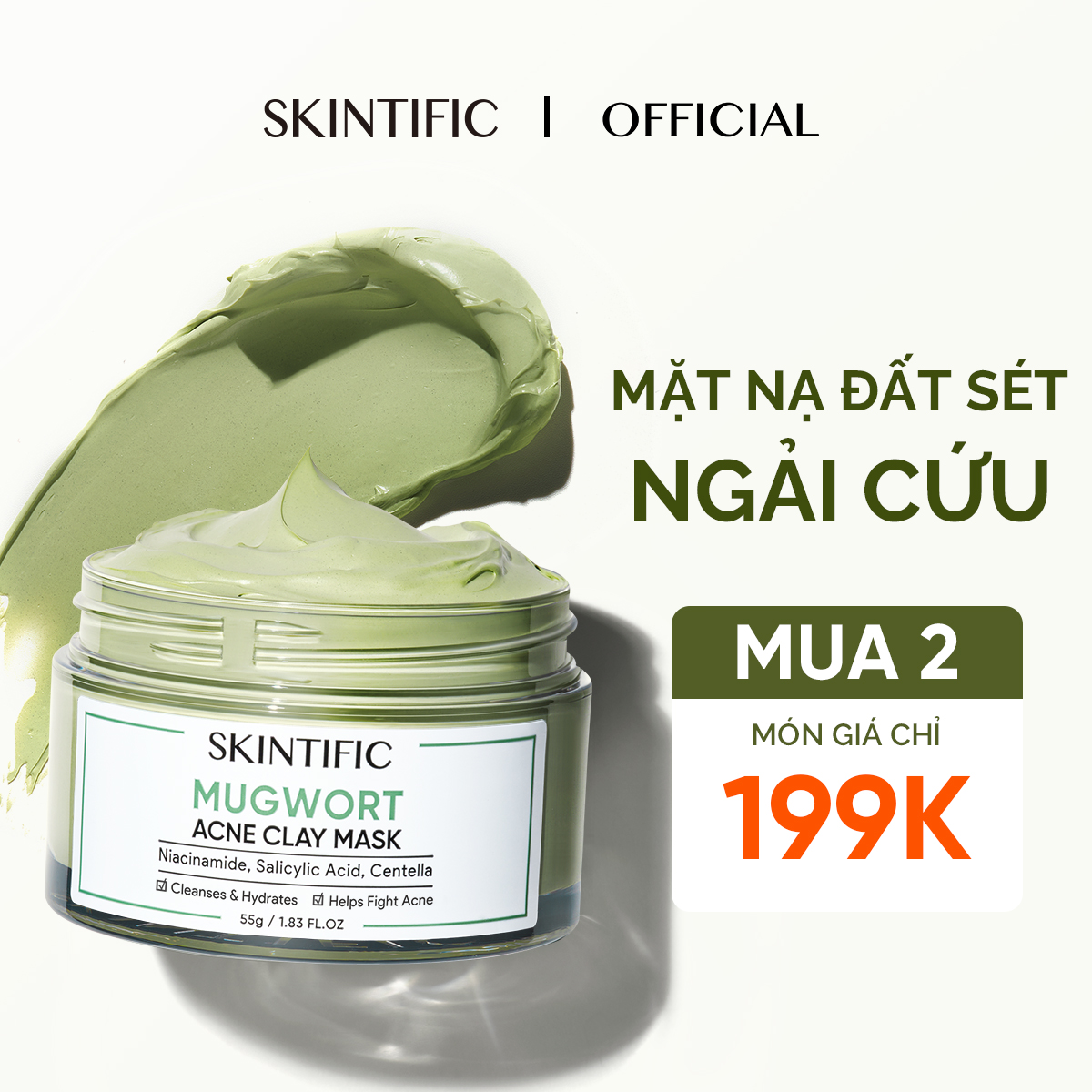 SKINTIFIC Mugwort ANTI PORES & MẶT NẠ ĐẤT SÉT Mặt Nạ bùn MỤN Mặt Nạ Cấp ẩm Mặt Nạ Ngải Cứu 55g