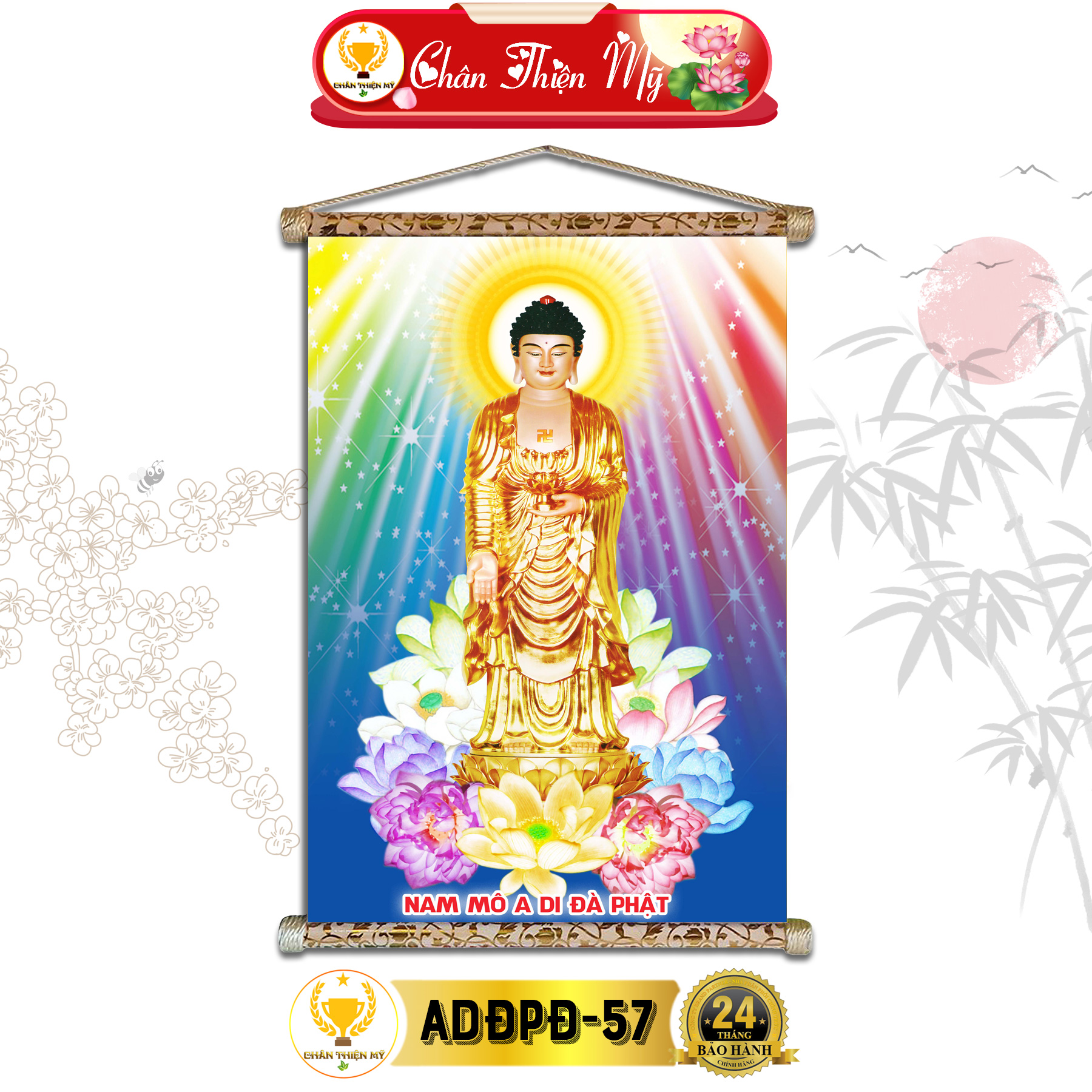 Tranh phật treo tường chân thiện mỹ, tranh vải phủ kim sa 40x60cm, tranh phật a di đà đứng adđpđ_02