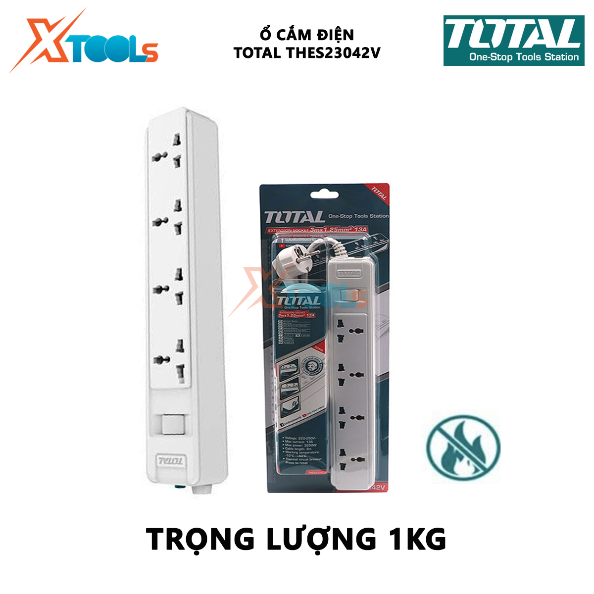 Ổ power plug total THES23042V ổ plug 3 prong 4 ổ plug extension, maximum current 13A, power cord 3 meters 3*1.25mm2 hole plug have membrane shielding, ensure safety, anti-fire, explosion-proof [XTools mall]