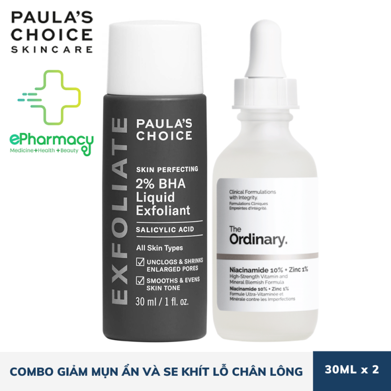 COMBO Paulas Choice BHA 2% [30ml] + The Ordinary Niacinamide 10% [30ml] giảm mụn ẩn & se khít lỗ chân lông