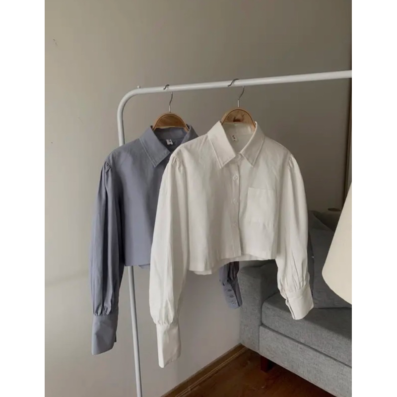 áo sơ mi croptop 2 màu xanh trắng
