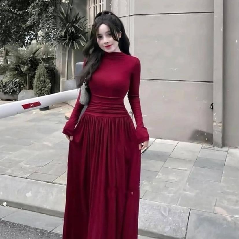 Đầm maxi thun gân thái tripble t dress ttay dài cổ cao tôn dáng - free size dưới 54kg - ms100hd