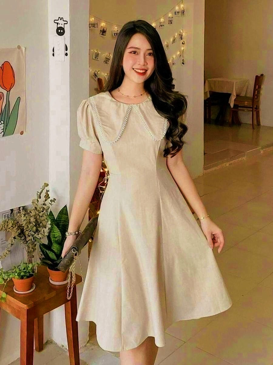 Đầm cổ bèo viền ren 2 màu