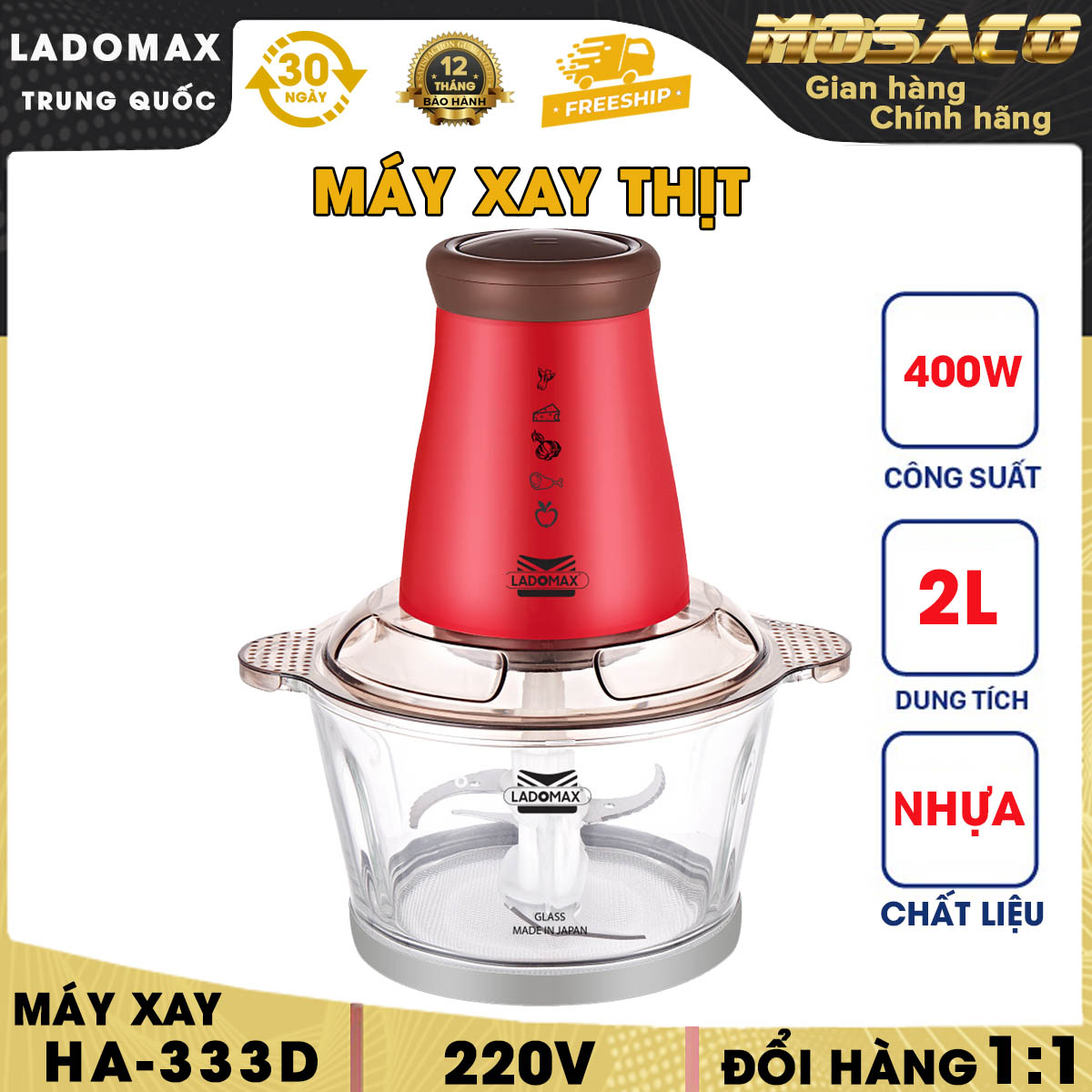 Meat Grinder gristmill glass 2.0L ladomax ha-333d grinder with power 400w, knife 2 Blade dual stainless steel 304 , high-grade glass-mosaco