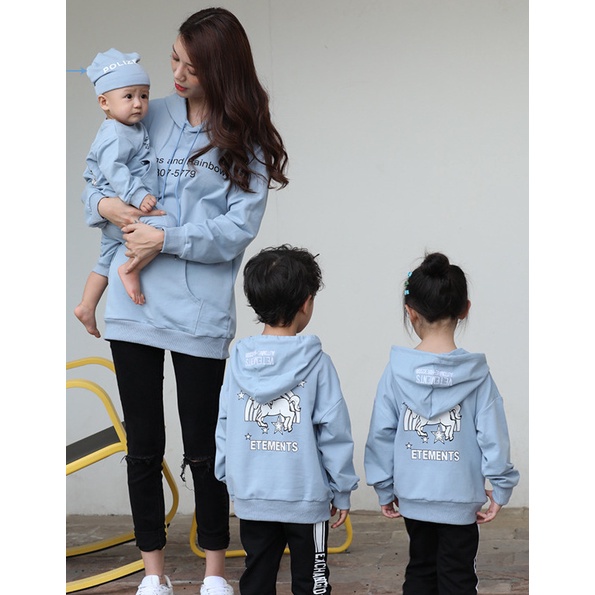 Áo hoodie gia đình familylove- mẫu áo gia đình hoodie họa tiết kì lân unicorn and rainbows chất nỉ da cá cotton 100%