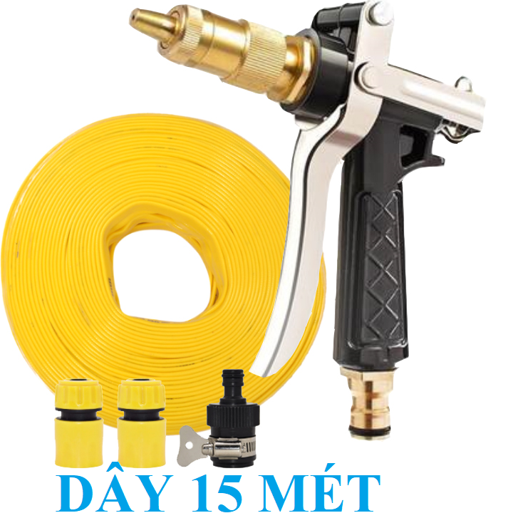Bộ dây vòi xịt nước rửa xe, tưới cây . tăng áp 3 lần, loại 15m 206236 đầu đồng,cút+ tặng mở chai TLG