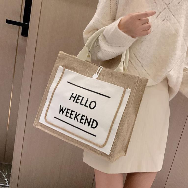 Túi cói hello weekend hàng đẹp dày dặn
