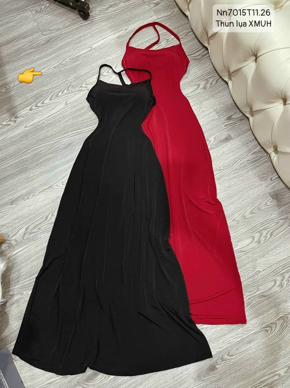 đầm 2 dây dáng dài xòe hở lưng 1 dây đứng chất thun lụa mềm