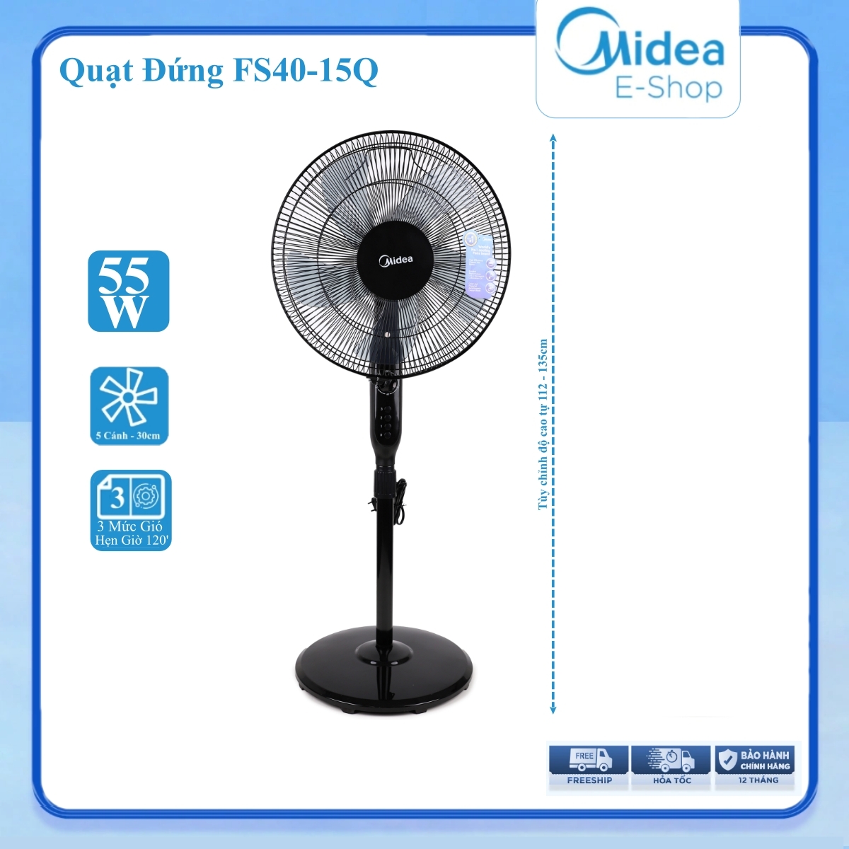 Quạt Đứng 5 Cánh Midea FS40-15Q (Công Suất 55W - 3 Chế Độ Gió - Có Chức Năng Hẹn Giờ)