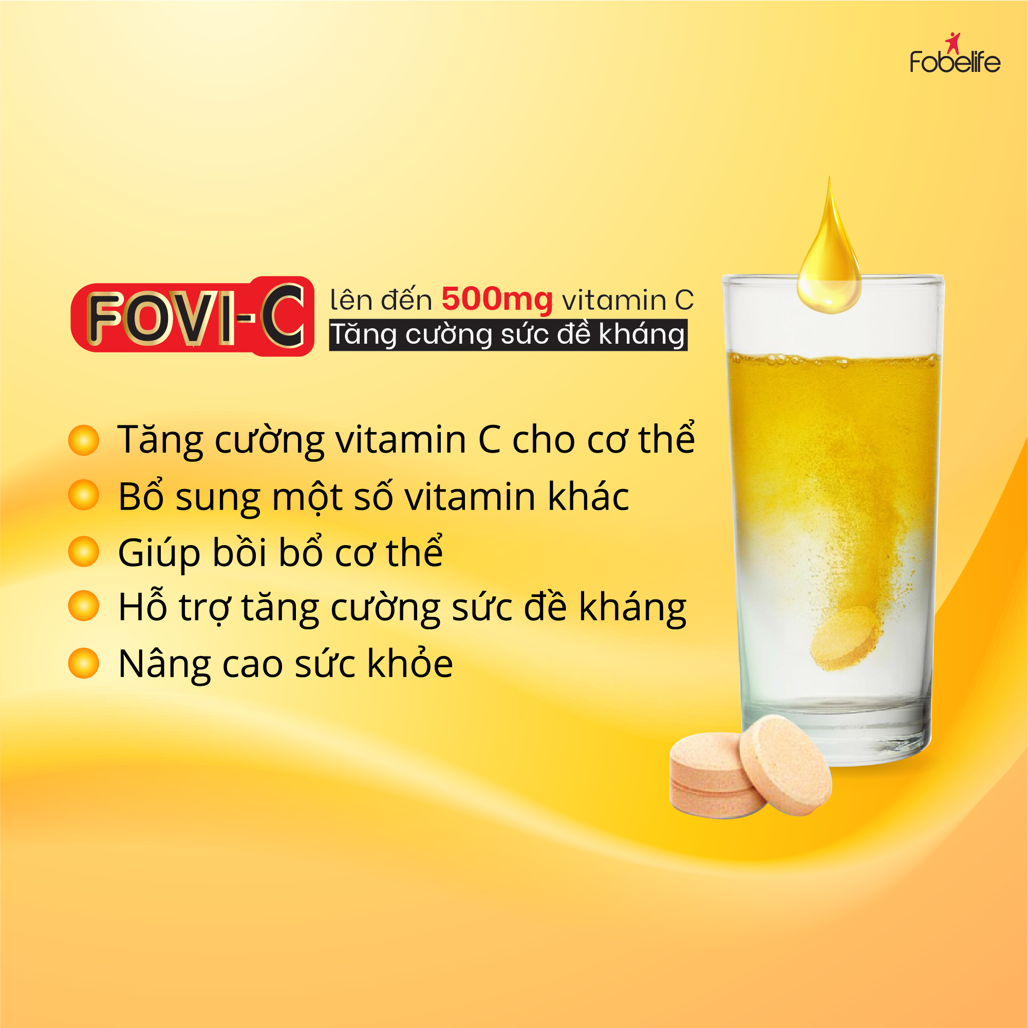 Viên Sủi Bổ Sung Đến 500mg Vitamin C Fovi-C Bổ Sung, Tăng Sức Đề Kháng - Tuýp 20 viên