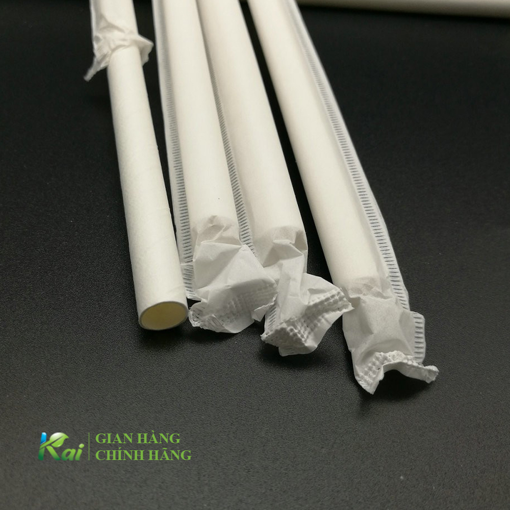 Ống hút giấy bọc màng từng cái, màu trắng, phi 6, phi 8 hoặc phi 12