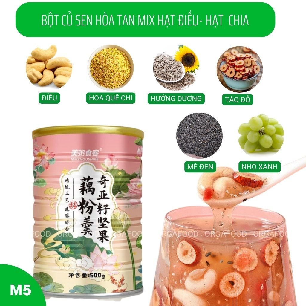 Bột củ sen M5-mix hạt điều-chia hũ 500g, ngũ cốc ăn sáng healthy, giảm cân