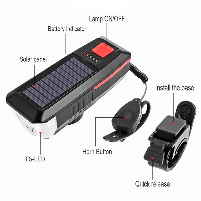Front LED Mountain Bike Light 3 Modes Solar Charging Waterproof USB Rechargeable