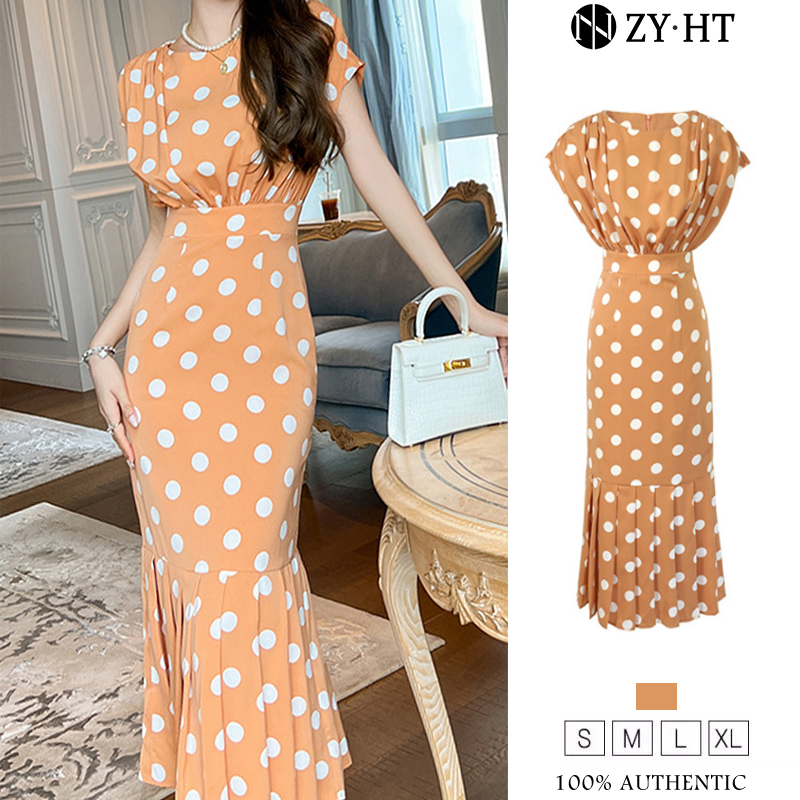 ZYHT Đầm Nước pháp thanh lịch họa tiết chấm bi Mảnh mai Cổ tròn đầm đuôi cá 50365