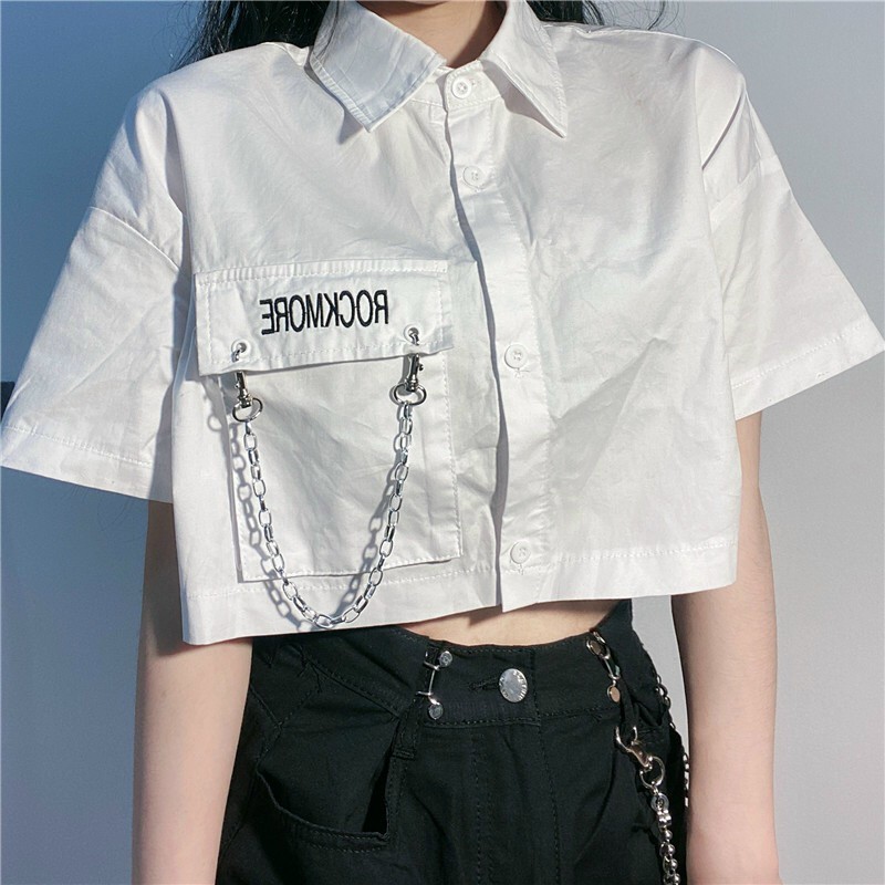 [HCM]Áo Croptop Trắng Cổ Bẻ Phối Xích
