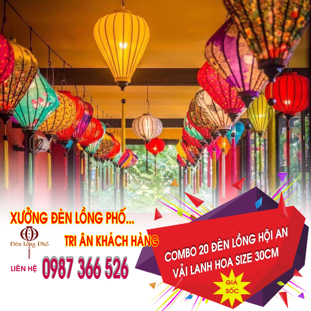 Combo 20 đèn lồng Hội An vải lanh hoa size 30 cm