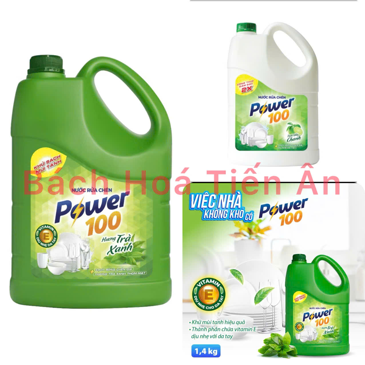 Nước rửa chén POWER100 hương chanh, trà xanh khử mùi tanh can 1.4 kg