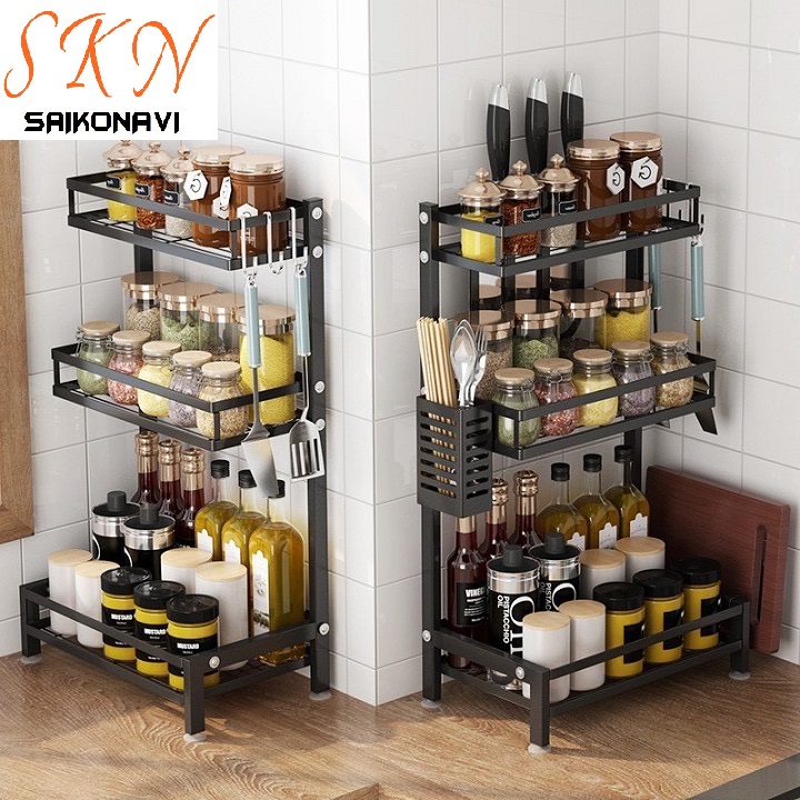 Kệ Gia Vị Thép Đen Đa Năng 3 Tầng Có Ống Cắm Đũa Và Giá Để Thớt - Kệ Đựng Gia Vị, Kệ Gia Vị Nhà Bếp Inox Đa Năng Tiện Gọn Chất Liệu Cao Cấp Chống Han Gỉ