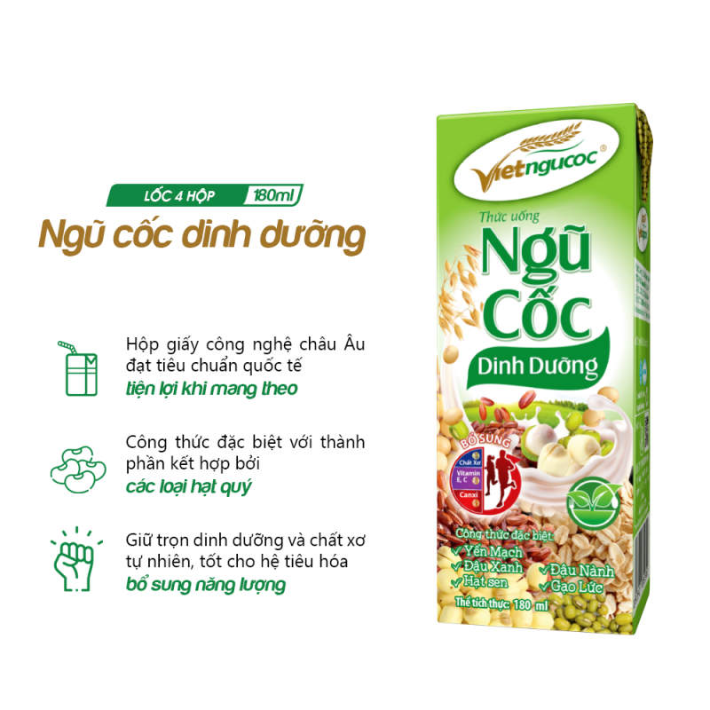 Thức uống Ngũ cốc dinh dưỡng Việt Ngũ Cốc lốc 4 hộp 180ml
