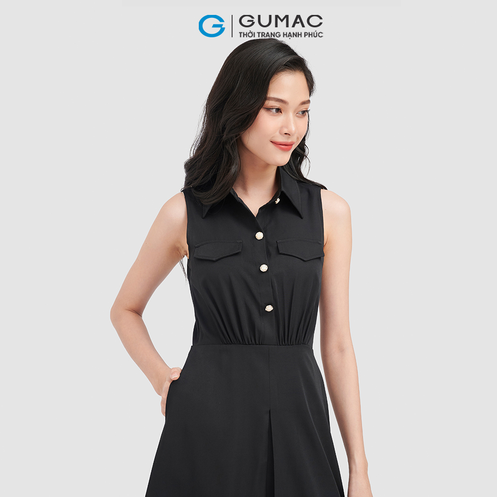 Đầm sơ mi GUMAC, đầm không tay 2 nắp túi DC08097