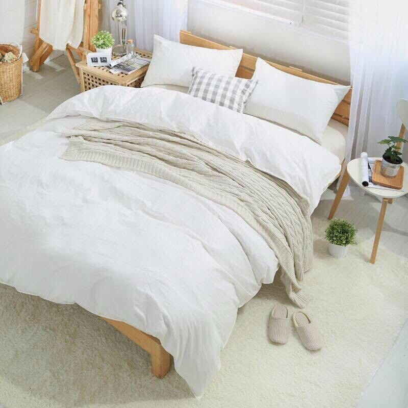 Bộ chăn ga gối phong cách Hàn Quốc basic trắng bo chun đủ kích thước