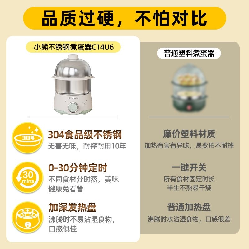 Bear steamed egg cooker 304 stainless steel household automatic power-off timed double-layer small egg artifact breakfast machine egg