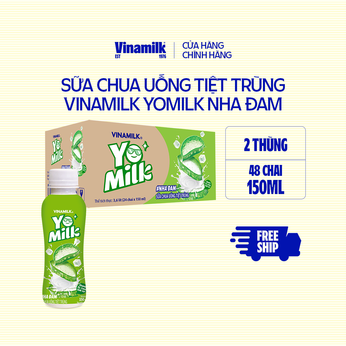 2 Thùng Sữa chua uống Yomilk Nha đam 150ml - 24 chai/Thùng