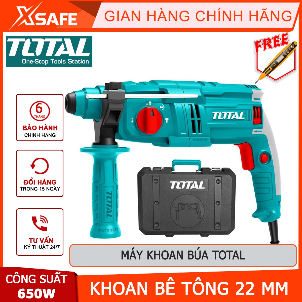 Machine drill chisel 3 function Total TH306236 | hammer drill machine rotating capacity: 650W with 3 function: casual drilling, hammer and drill hammer used for Deep Hole Drilling on concrete and hard material [genuine] [xsafe]