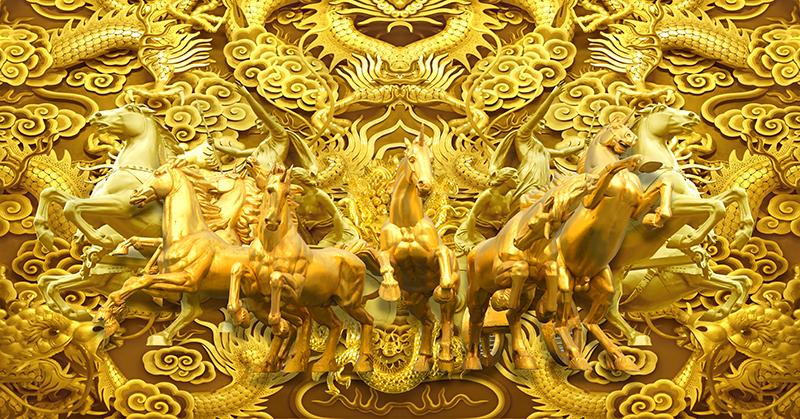 Tranh dán tường VTC Mã Đáo Thành Công nền rồng vàng UD0815 kim sa