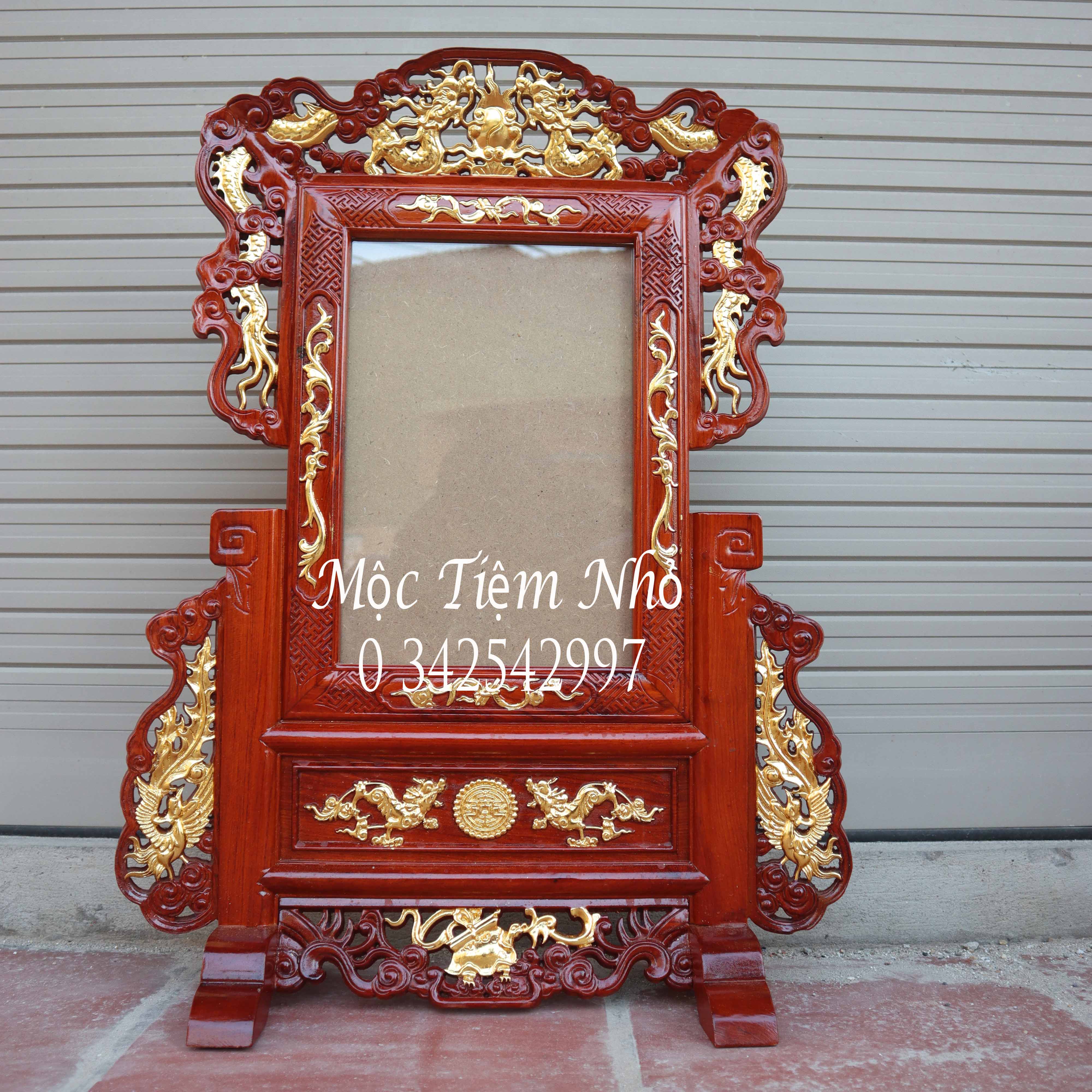 Khung ảnh thờ tứ linh rát vàng gỗ hương 2 cỡ hình thờ