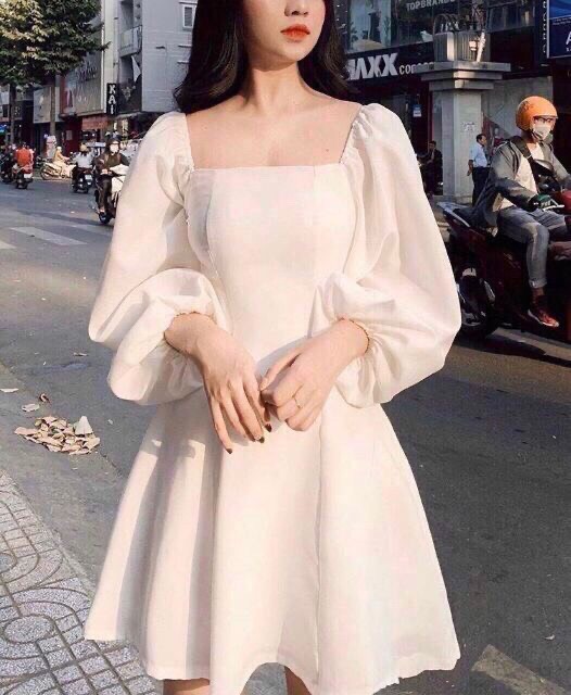 Đầm xòe tay phồng cổ vuông dễ thương