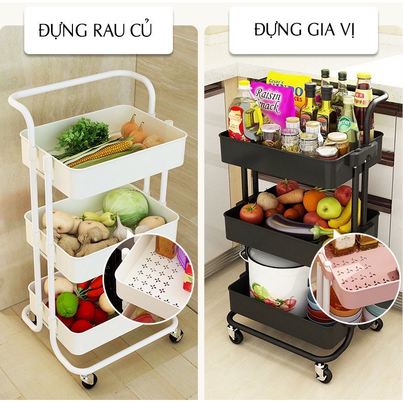 Kệ nhựa 3 tầng, kệ bỉm sữa 3 tầng xe đẩy spa có bánh xe nhựa abs