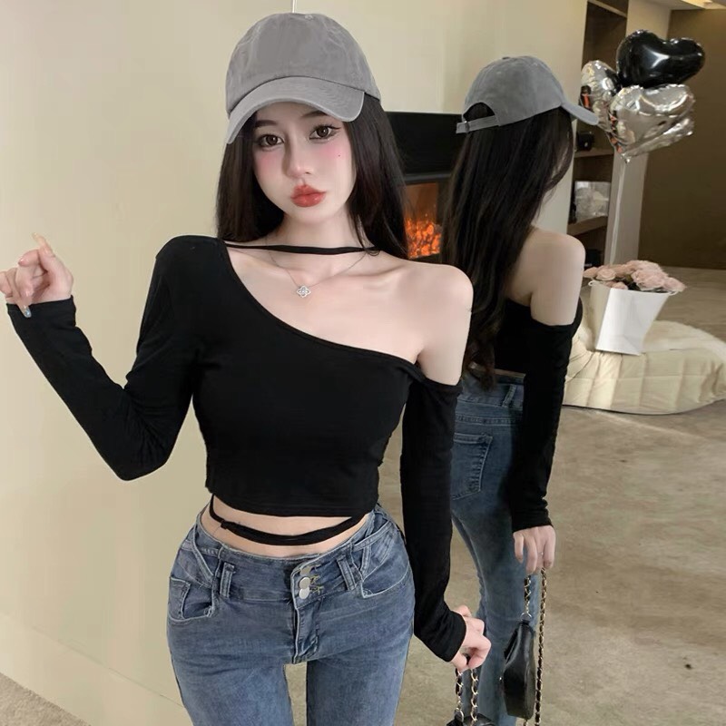 Áo thun croptop lệch vai tay dài phối dây eo và cổ