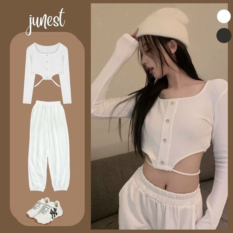 Áo Croptop Gân Tay Dài Khoét Eo Dây