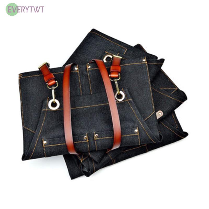 Denim Bib Retro Aprons Leather Strap Barista Barber Bartender BBQ tạp dề Chef Practical Multi-functional Workwear Uniform Clothes for Hairdressers Professional Work Clothes for Hairdressers Haircut Apron Household