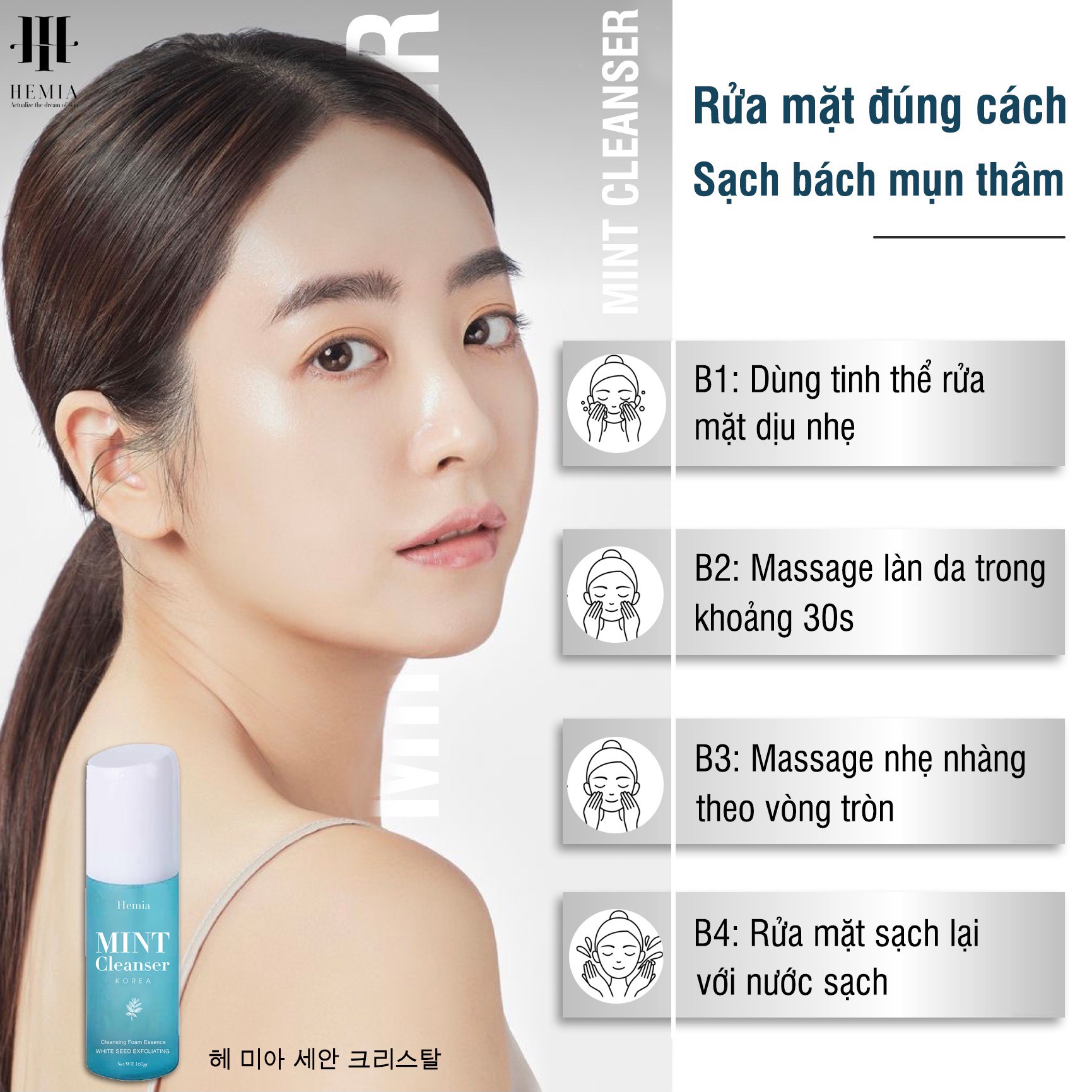 SỮA RỬA MẶT MINT CLEANSER  HEMIA [ Trắng da, ngừa Mụn]