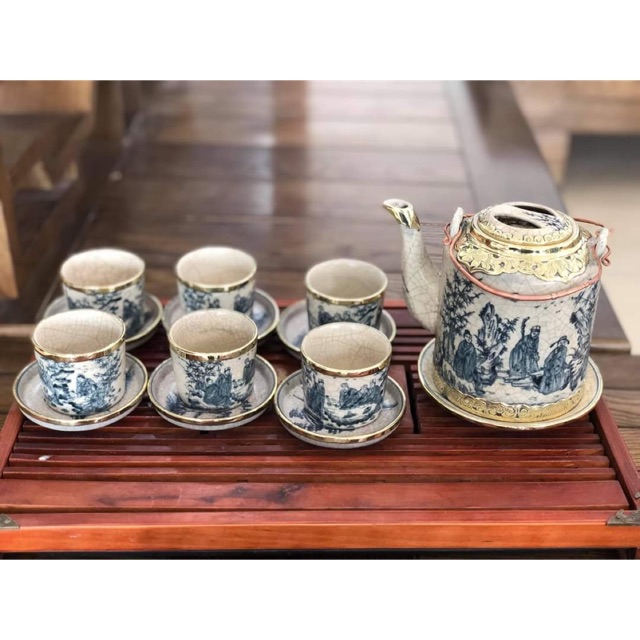 Bộ ấm chén rạn bọc đồng tích Sơn Thuỷ hữu tình