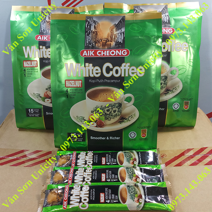 03 bịch Cà phê trắng vị Hạt Phỉ (Hazelnut) Aik Cheong 600g (15 gói dài x 40g)