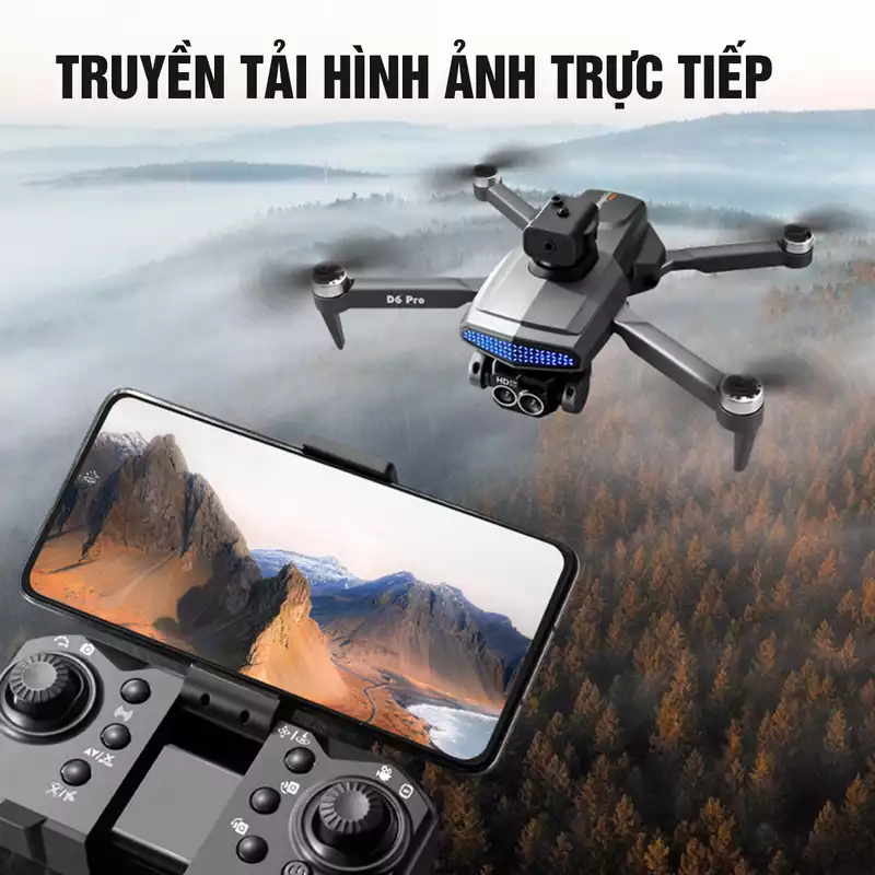 Máy Bay Flycam Camera Mini Giá Rẻ, Drone D6 Pro Máy Bay Không Người Lái Điều Khiển Từ Xa 4 Cánh Bay Siêu Cao, Siêu Xa, Pin Siêu Khủng