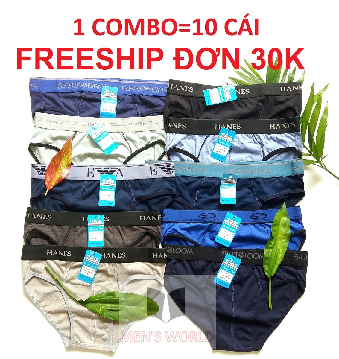 Combo 10 quần lót nam, quần sịp nam, lưng 3cm nhiều mẫu lưng, vải 100% cotton dày dặn thấm hút mồ hôi thoáng mát (ảnh thật)