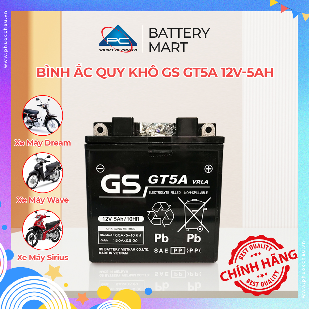 Bình ắc quy khô GS GT5A 12V-5Ah cho xe Dream Đời Đầu, Wave Đời Đầu, Future Đời Đầu, Sirius Xăng Cơ, Xe Jupiter V/R, Taurus, Mio Đời Đầu