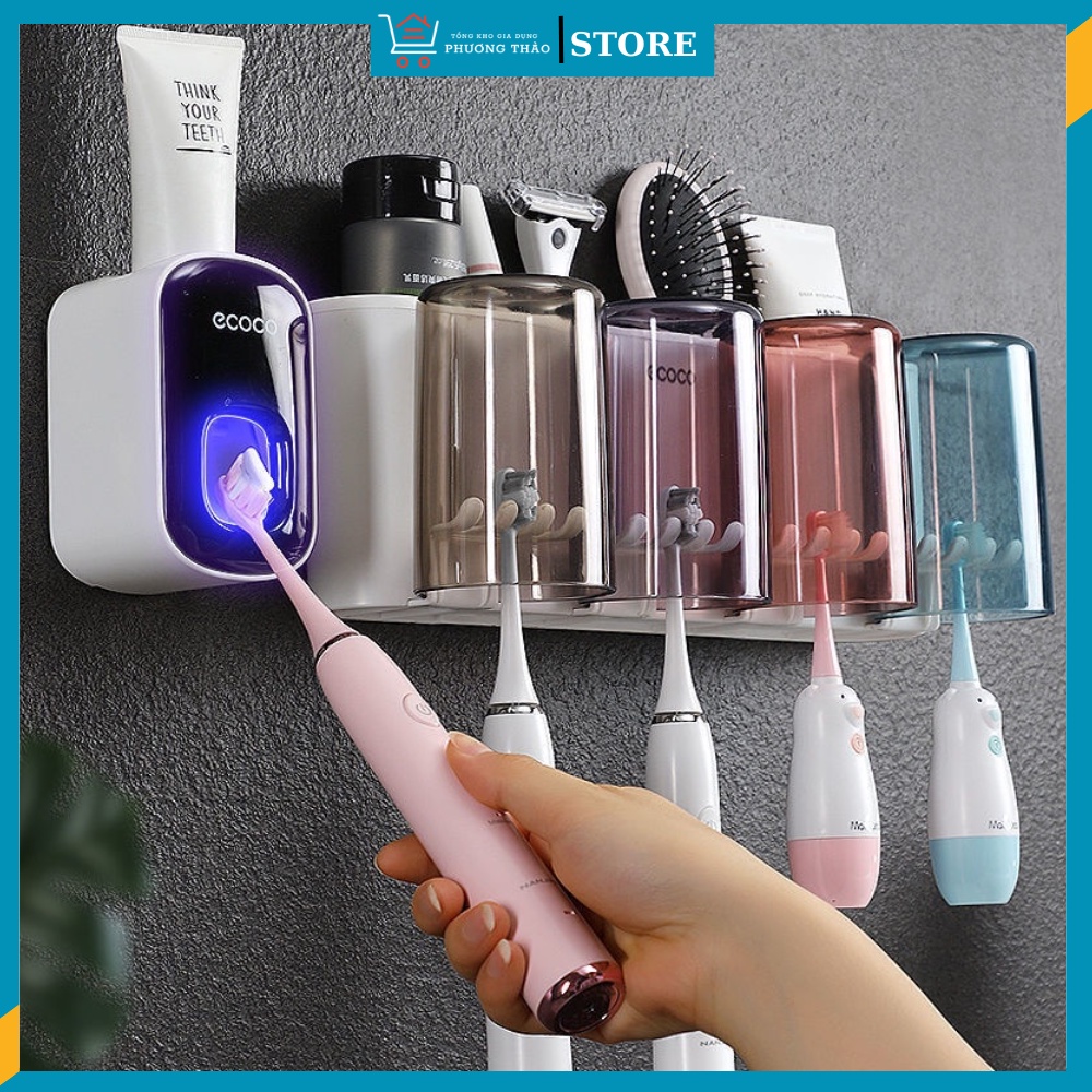 Gía treo kệ đựng kem đánh răng kèm 4 cốc cao cấp
