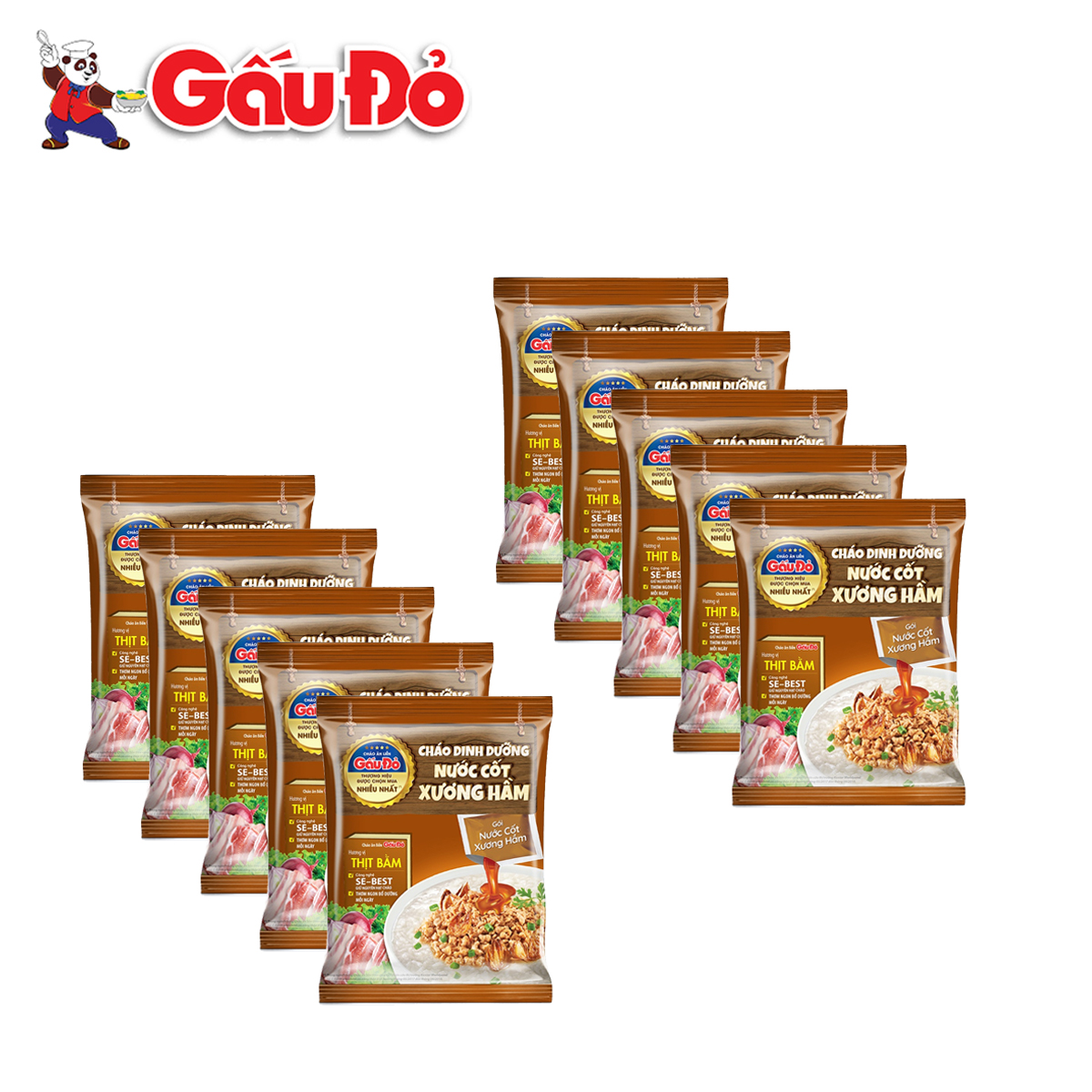 Combo 10 gói cháo dinh dưỡng nước cốt xương hầm hương vị thịt bằm minced pork flavour nutritious instant porridge gấu đỏ